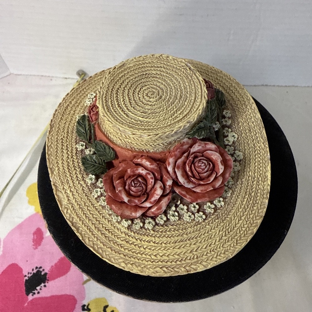 Handpainted Resin Or Clay Round Trinket Box with Roses and Ribbons Rode Inside - Picture 2 of 9